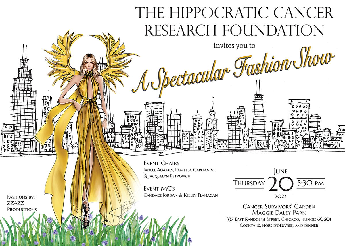 Invitation card: The Hippocratic Cancer Research Foundation invites you to A Spectacular Fashion Show — Jun 20