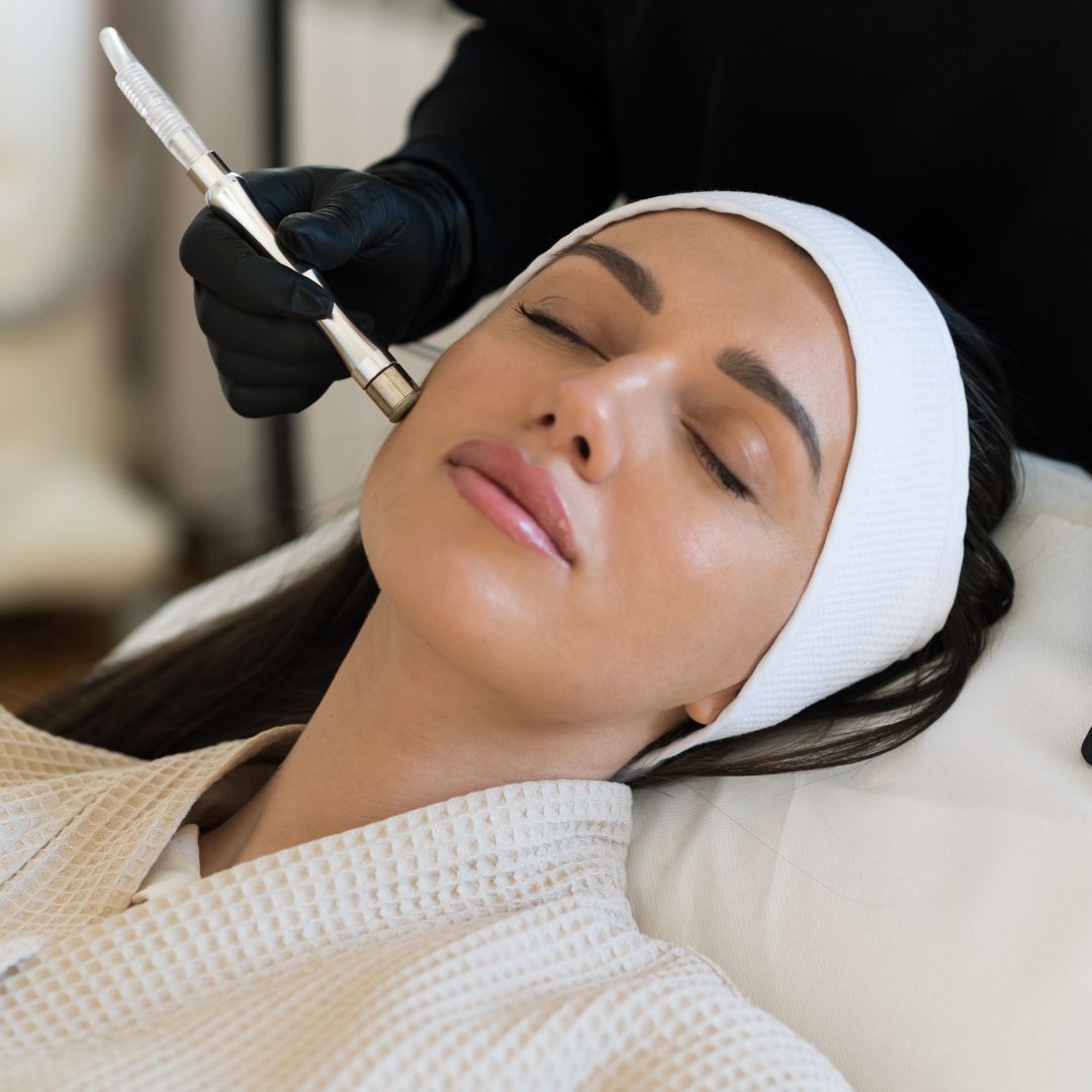 client in robe relaxes during facial treatment 