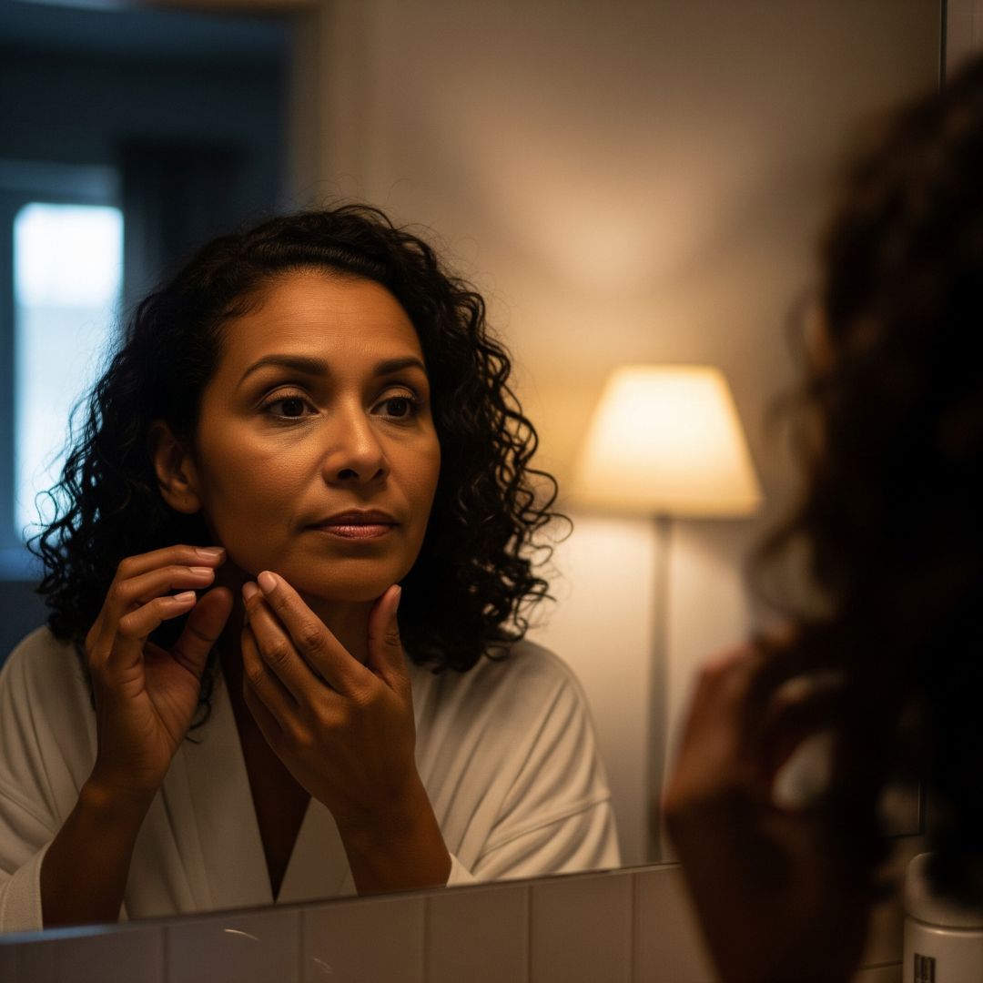 img of a woman looking at her skin